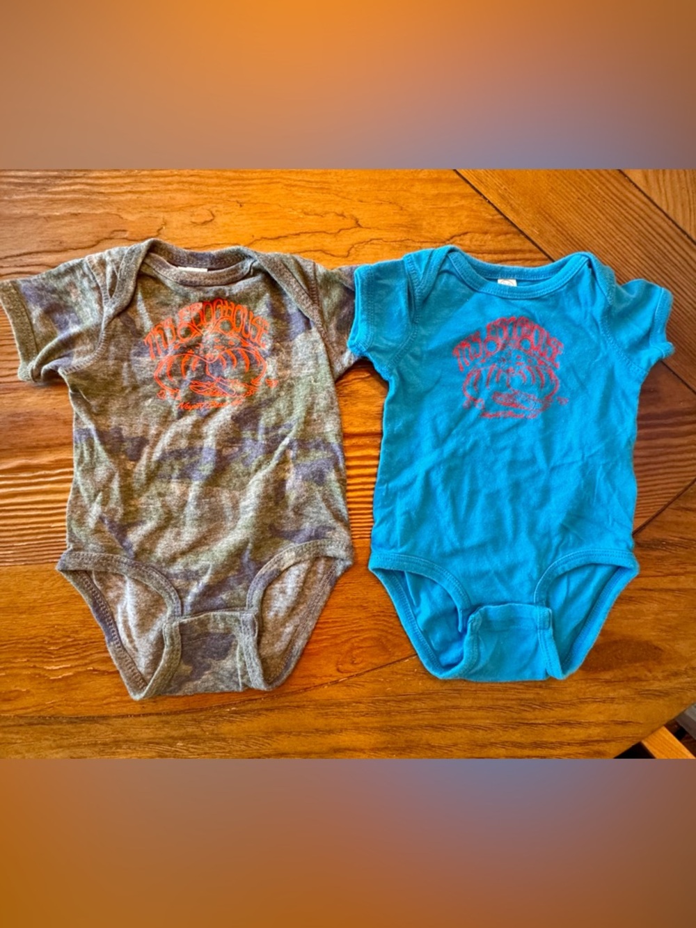 Frog house surf shop One-Piece Bodysuits in Gray Camo and Teal with Red Logo